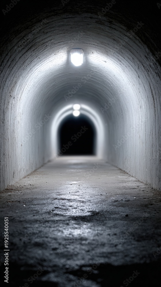 Obraz premium Dimly lit underground tunnel with concrete walls leading into darkness