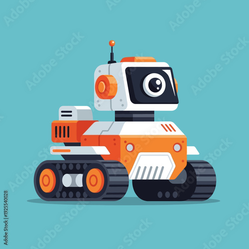Cute Orange and White Robot with Tracks and Wheels on Blue Background