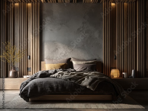 A large bed with a black comforter and a white pillow