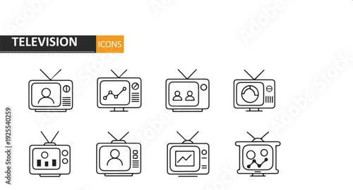 Television icons with various screen displays and graphics