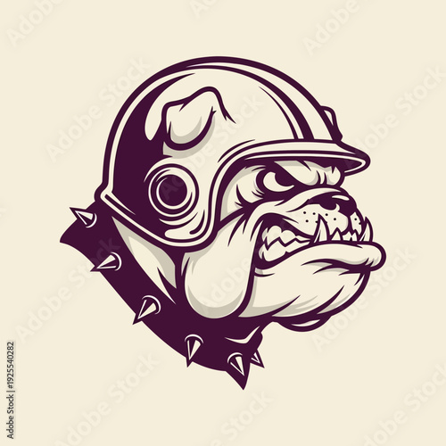 Aggressive Bulldog Wearing Helmet and Spiked Collar, Mascot Head