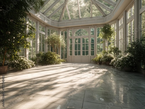 A large room with a lot of plants and a lot of windows