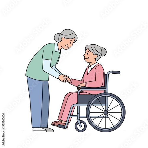 Caring nurse helps elderly woman in wheelchair, support and assistance for seniors