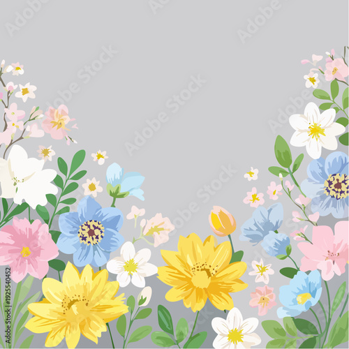 Bright flowers arranged in various colors with a grey background showcasing a lively design in spring