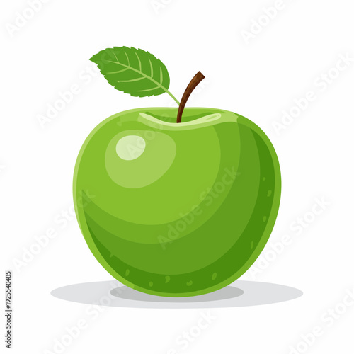 Green apple sits on a plain white background with a leaf on top and a stem attached