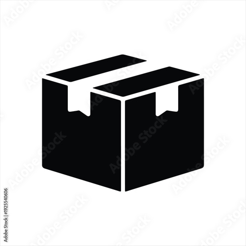 Simple black delivery box icon with open flaps on top