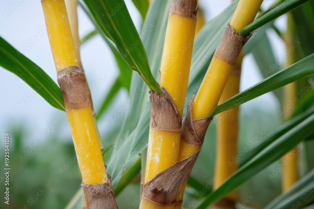 Fototapeta premium Close-up of vibrant yellow sugarcane stalks with green leaves in natural setting
