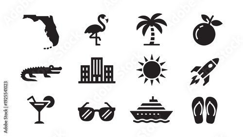 Florida State Culture and Lifestyle Silhouette Icon Set for Sunshine State Tourism Travel Branding and Regional Design Projects