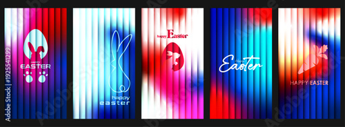 Easter greetings card design, abstract colorful background with bright rainbow stripes and glowing aurora waves forming a digital spectrum pattern for modern technology design wallpaper