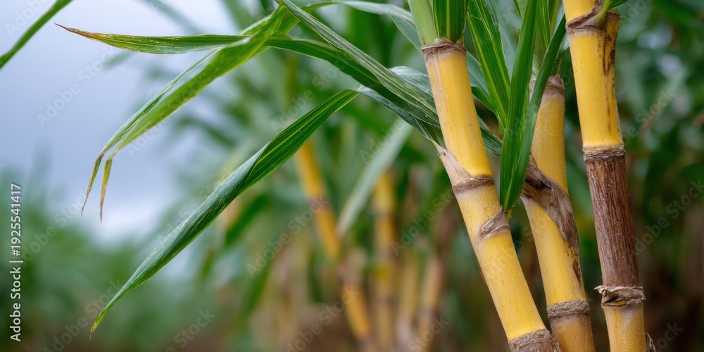 Fototapeta premium Close-up of lush green sugarcane stalks in field