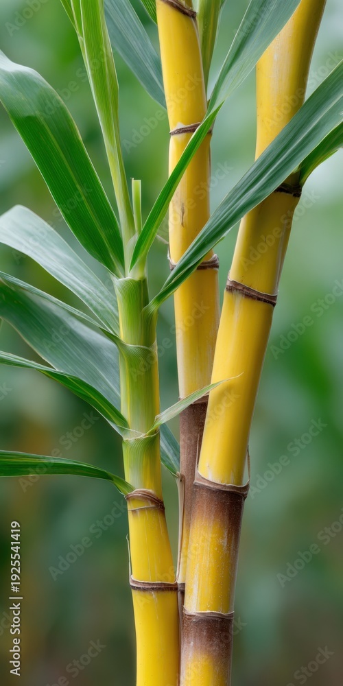 Obraz premium Vibrant yellow sugarcane stalks with green leaves in natural setting