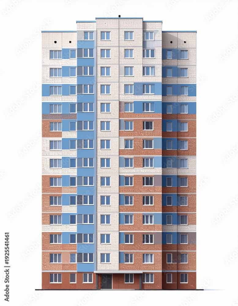 Fototapeta premium Facade of Tall Residential Building with Beige Brick and Blue Paneling on White