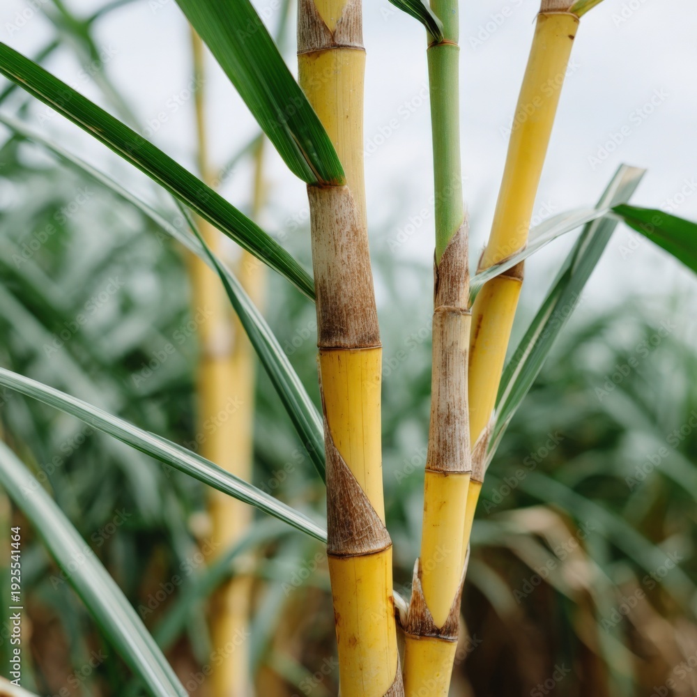 Fototapeta premium Close-up of lush sugarcane stalks in vibrant green field