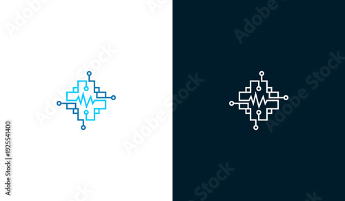 Digital health technology logo with circuit cross and heartbeat pulse
