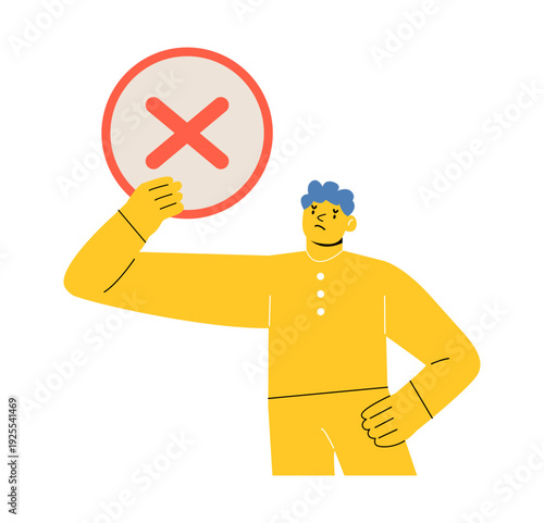 Man holding a cross symbol. Concept of disagree. Colorful vector illustration