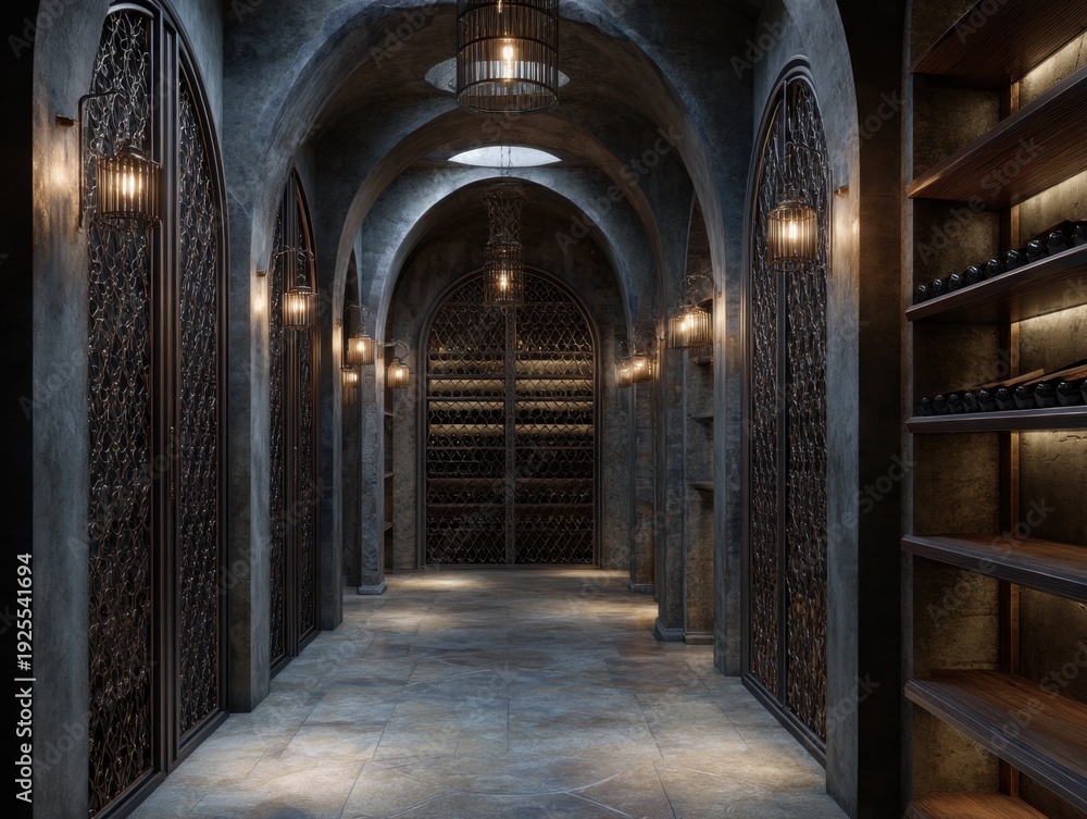 Obraz premium A long hallway with a lot of wine bottles on shelves