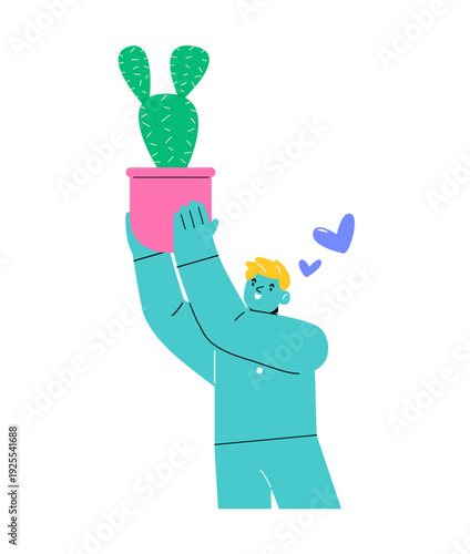 Man holding cactus flowerpot. Colorful vector illustration
