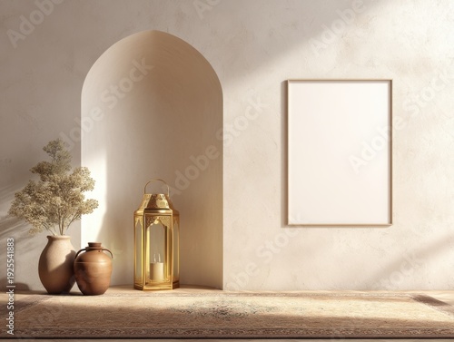 A white framed picture hangs on a wall