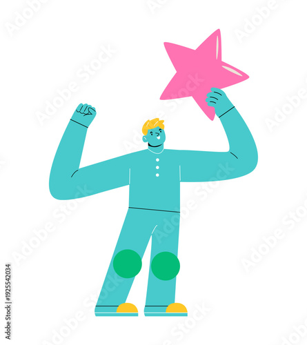 Man leaving five star rating. Positive feedback, rating. Colorful vector illustration