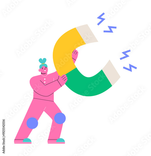 Woman attracting with magnet. Colorful vector illustration