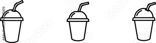 Three black and white illustrations of disposable cups with lids and straws