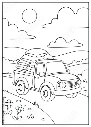 Agriculture coloring page with a pickup truck carrying heavy sacks of grain