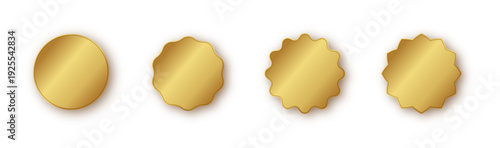 Gold star badge collection with radiant burst effect. Glossy foil stickers for sale tags, price labels, promotional stamps.