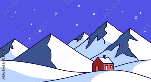 Snowy mountain landscape with a small red house under a starry sky