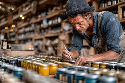 Man in Hat Labeling Jars of Preserves in Rustic Shop, Close Up
