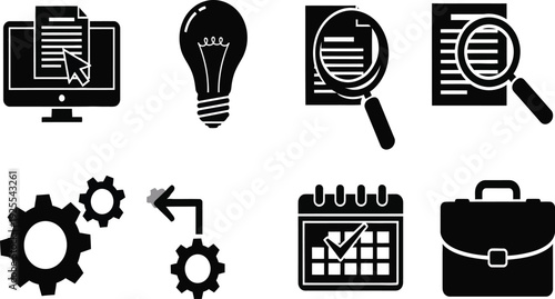 Business and productivity icon set, black vector silhouettes of computer monitor, stapler, briefcase, file folder with magnifying glass, and light bulb isolated on white.