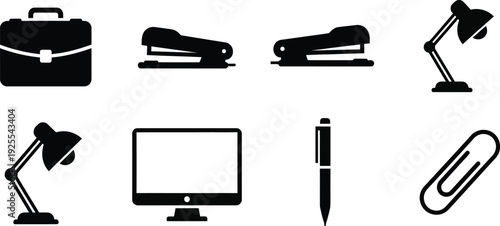 Business management and digital workflow silhouette set, black vector icons of document search, light bulb idea, calendar, and system gears isolated on white
