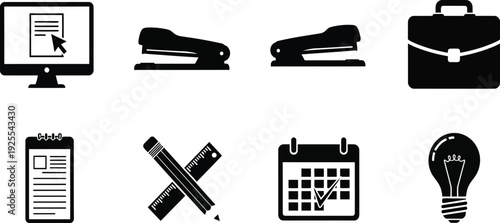 Business office and administrative tools silhouette set, featuring seven black vector icons of a calculator, stapler, binder clip, and office documents isolated on white