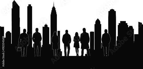 Business people silhouettes standing against a modern urban city skyline, corporate team and metropolitan lifestyle concept.