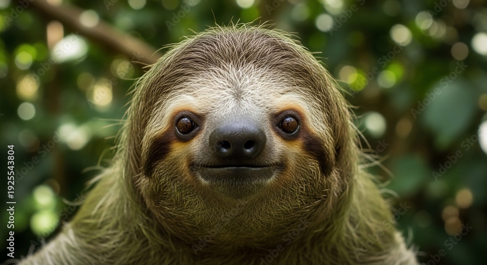 Fototapeta premium Close-up portrait of a smiling three-toed sloth in its natural habitat.