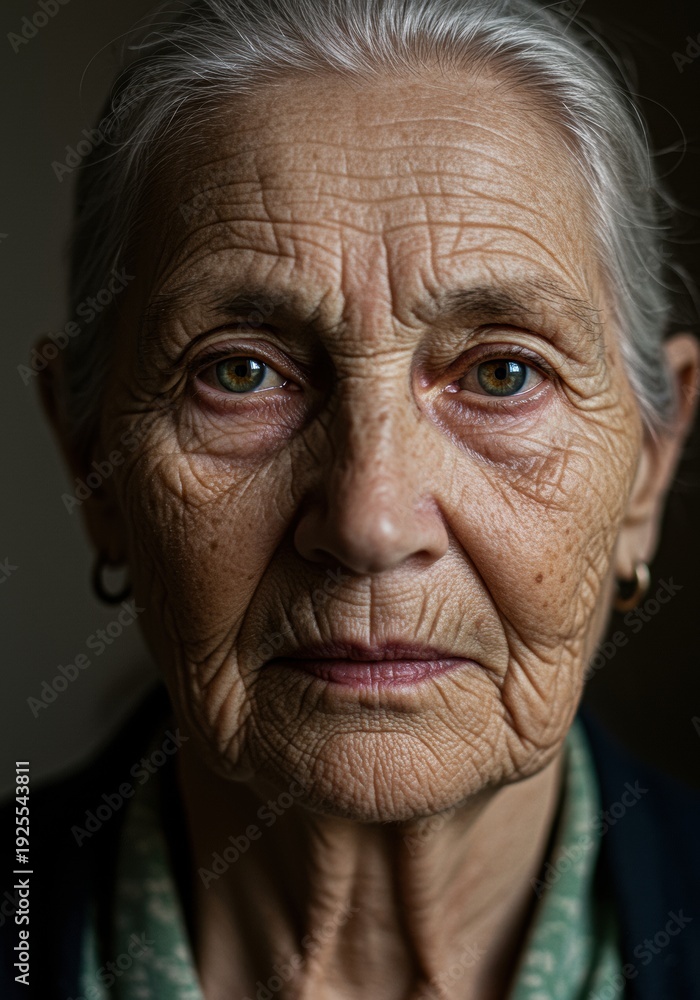 Fototapeta premium Portrait of an Elderly Woman with Deep Wrinkles and Expressive Eyes