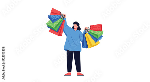A woman in a blue sweater and dark pants stands holding multiple colorful shopping bags in both hands against a solid white background.