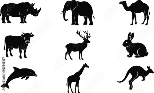Animal silhouette collection set, wildlife vector illustration featuring rhino elephant camel deer cow rabbit dolphin giraffe kangaroo isolated design