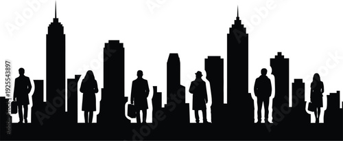 Collection of city skyline silhouettes and a public transport bus, black vector icons of urban architecture and city commute isolated on white.