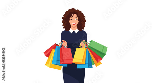 A woman with curly brown hair in a navy blue dress with a white collar holds several colorful shopping bags against a plain white background.