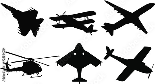 Collection of commercial passenger airplane silhouettes, set of six black vector icons of modern aircraft in various flight positions isolated on white.