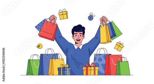 A man in a blue shirt raises his arms while holding shopping bags and being surrounded by gift boxes and more bags on a white background.