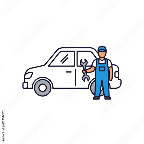 Mechanic holding wrench near car, auto repair service, car maintenance concept