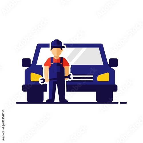 Mechanic holding wrench in front of blue car, auto repair service concept