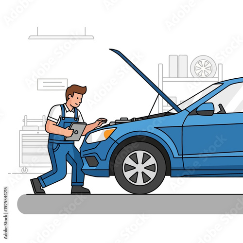 Mechanic Inspecting Blue Car Engine with Tablet in Auto Repair Shop