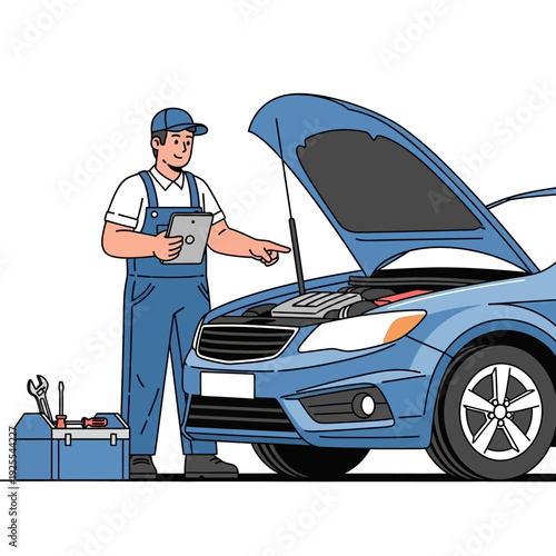 Mechanic Inspecting Car Engine Under Hood with Tools and Tablet