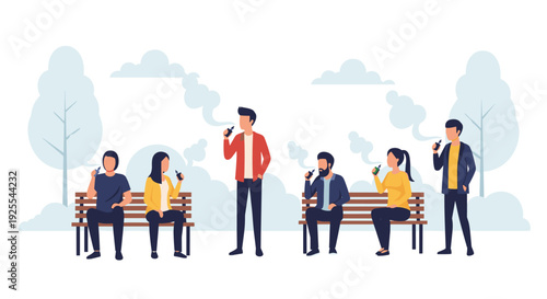 Six diverse people sitting on wooden benches and standing in a public park while using electronic cigarette vaping devices with visible vapor clouds.