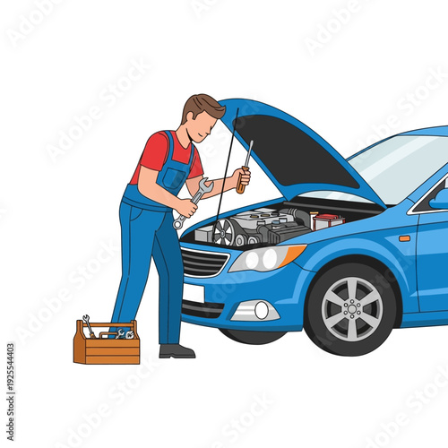 Mechanic repairing a blue car engine with tools, auto service concept
