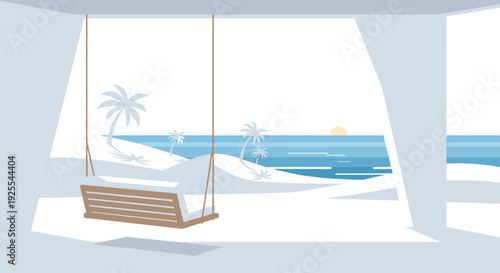A minimalist wooden porch swing with a white cushion hangs overlooking a tropical beach with palm trees and a setting sun over the blue ocean water.