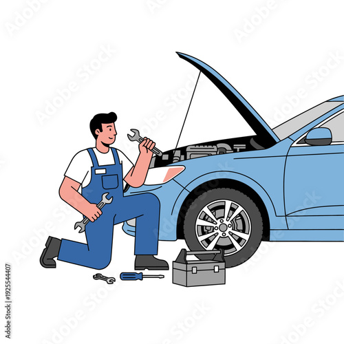Mechanic repairing a blue car engine with tools, auto service concept