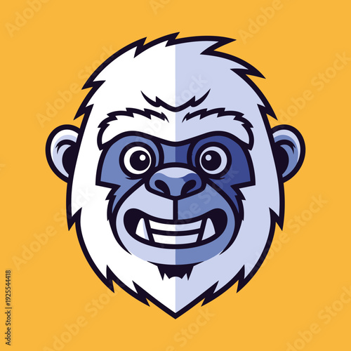 Funny Yeti Face Cartoon Illustration, White Bigfoot Monster with Blue Accents on Yellow Background